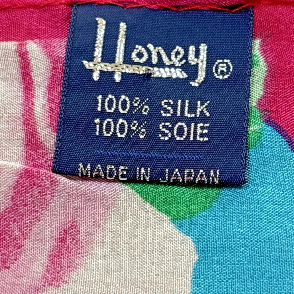 Vintage Honey Pure Silk Scarf Pink Purple Roses Flower Power Blue Green Floral